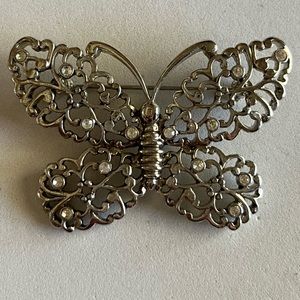 Liz Claiborne Silver Tone Butterfly Brooch W/ Clear Rhinestones
